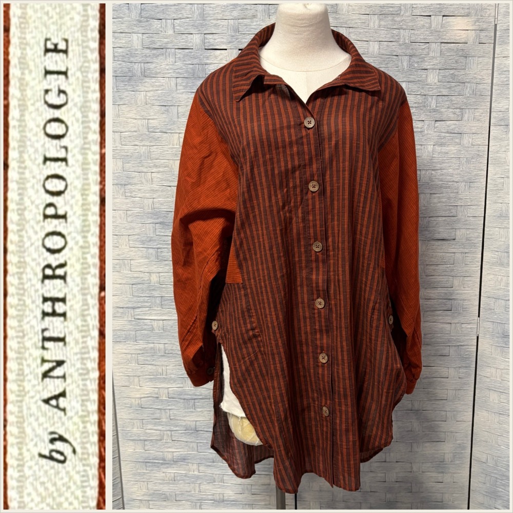 Anthropologie Oversize Orange‎ Striped Tunic Shirt M Button Down Long Sleeve